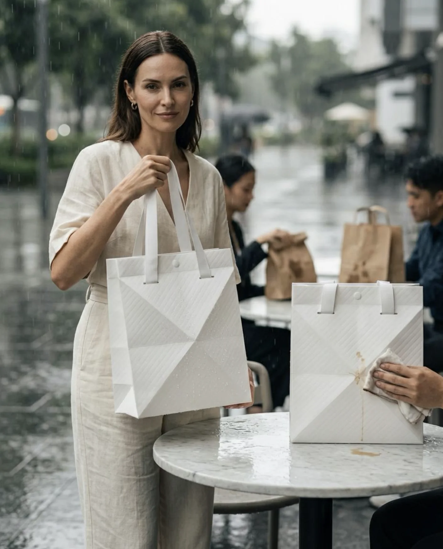 Sac NotPaper. utilisé sous la pluie en contexte retail premium
