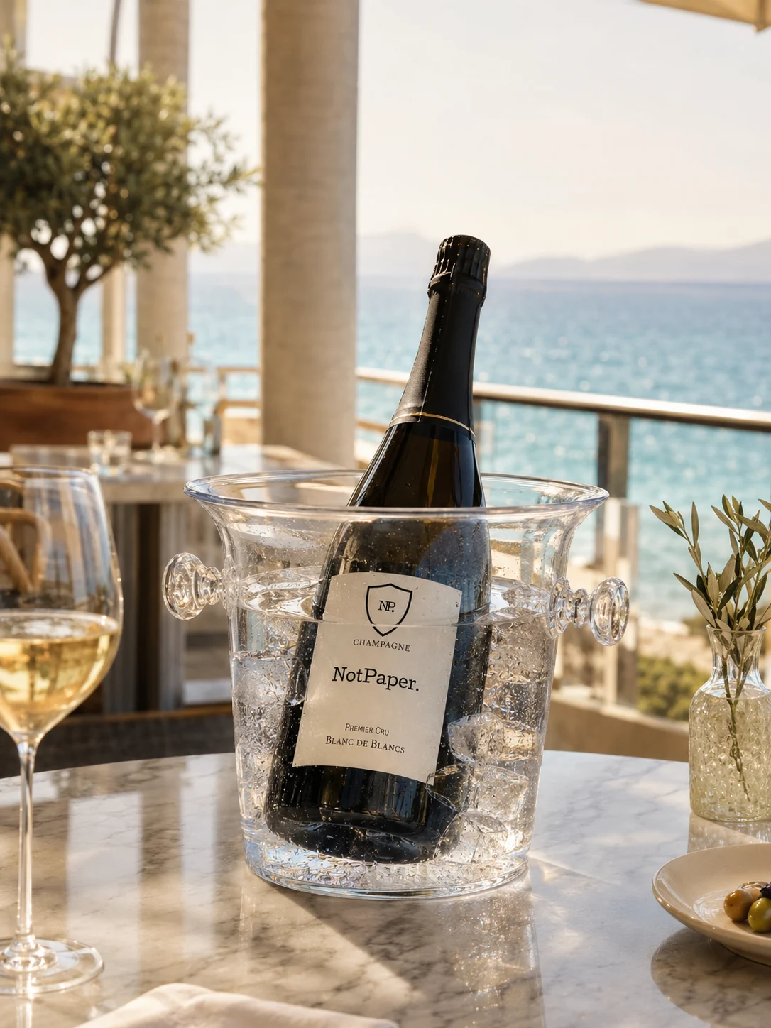 Bouteille de champagne NotPaper dans un seau à glace avec une étiquette qui reste nette