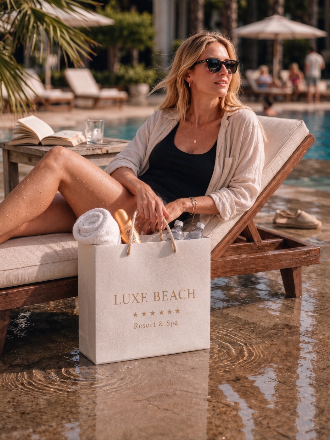 Cliente installée au bord d'une piscine avec un welcome bag premium pour resort et spa