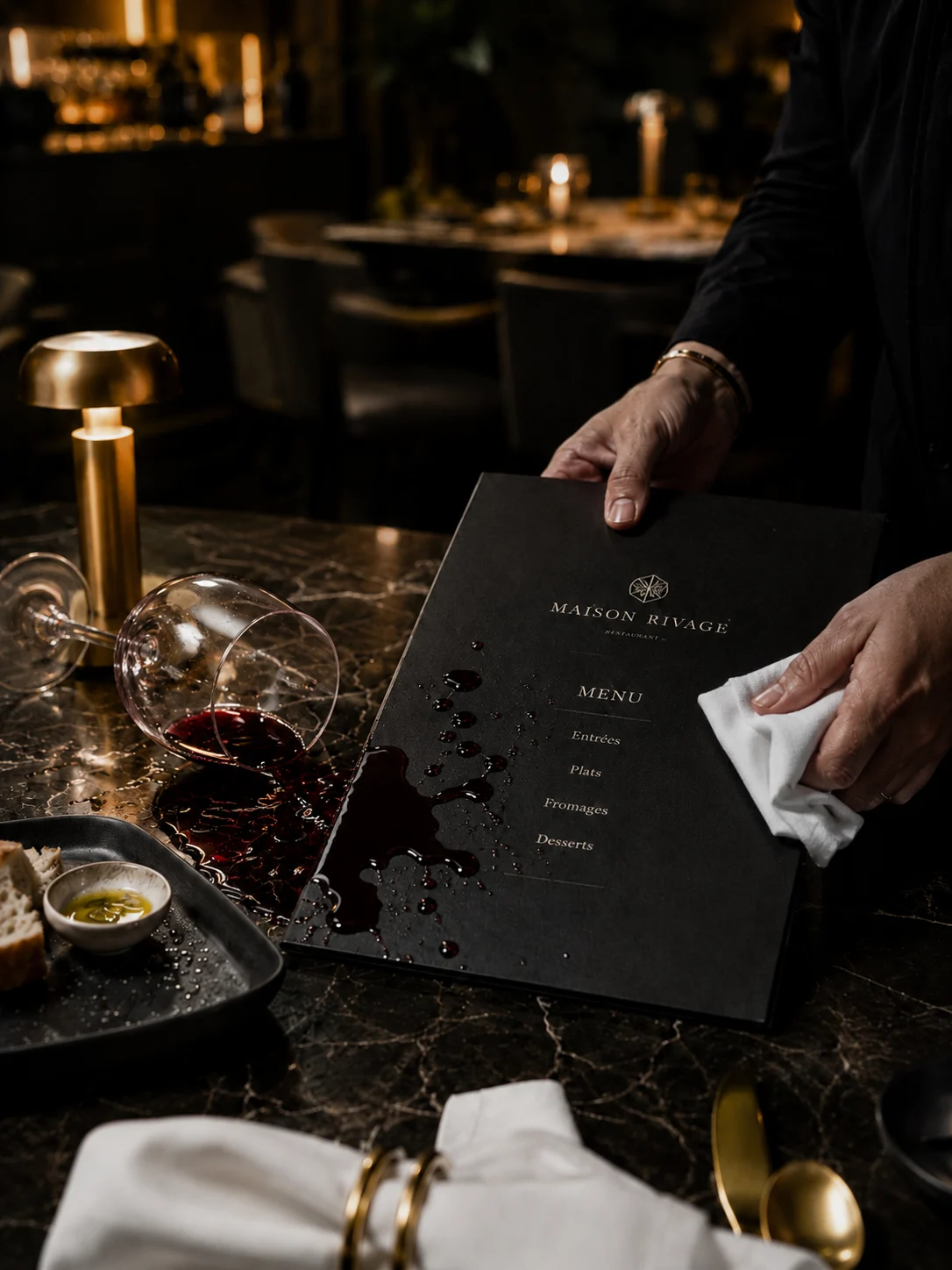 Menu NotPaper essuyé après un verre de vin renversé, dans un restaurant